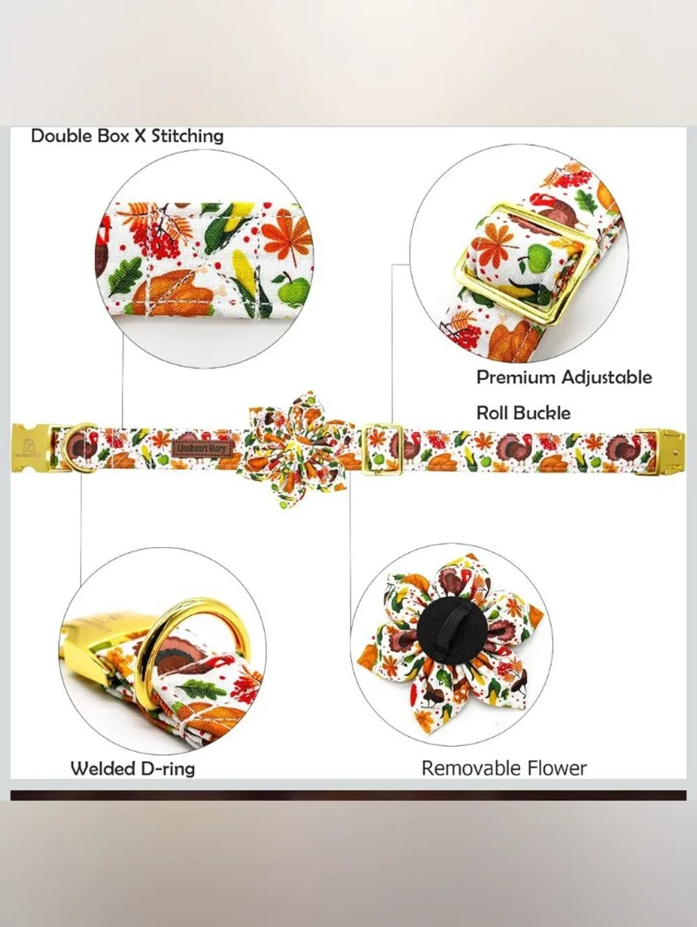Lionheart glory 🐶 Dog Collar w/Flower Bow Turkey Print, Size M